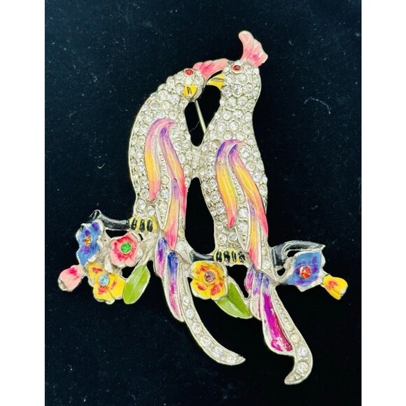 RARE VTG 1940's SIGNED CORO GENE VERRECCHIO ENAMEL & RHINESTONE LOVEBIRDS BROOCH